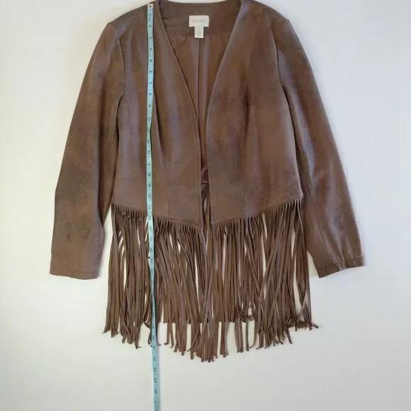 Chicos Jacket Women Size 0/S/4 Brown Faux Suede Fringe Boho Western Festival - Picture 9 of 15